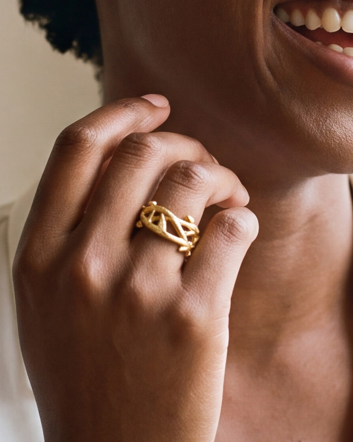 The Reverent Weave ring worn, second hand close-up, true to size