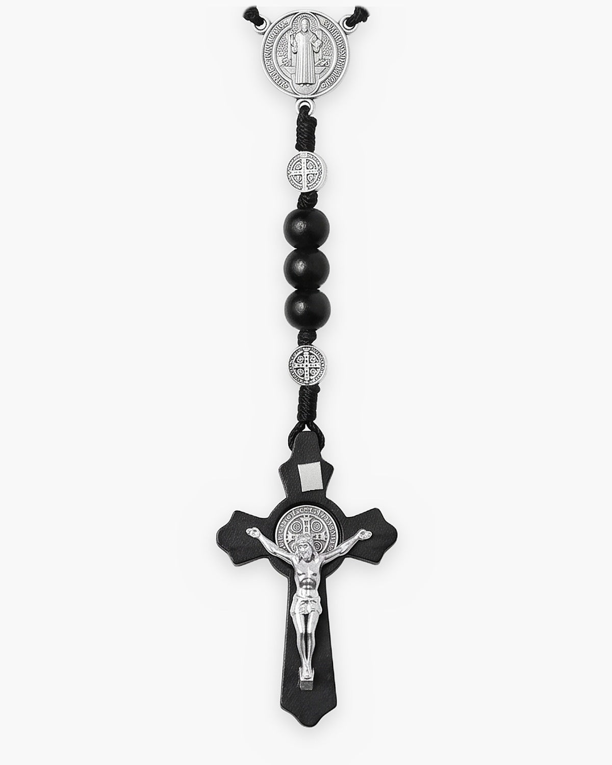 Close-up of The Rosary of Faith, Saint Benedict center medal, drop and crucifix [c:black-beads]