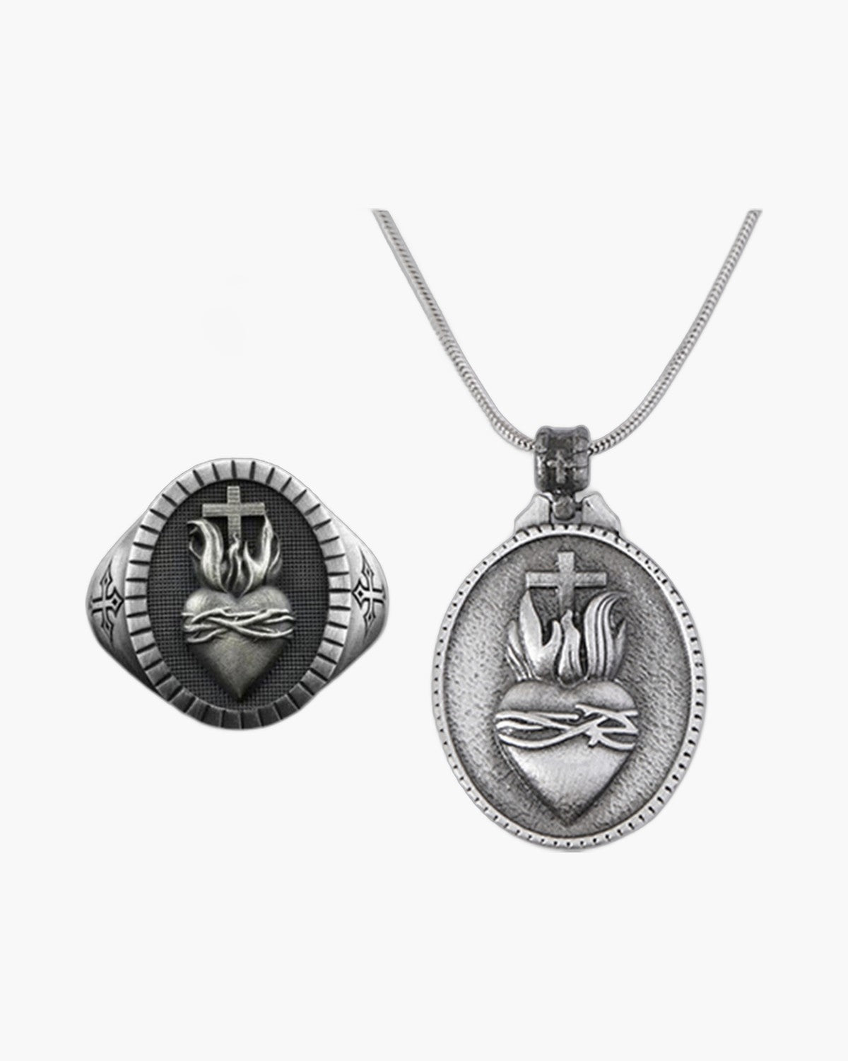 The Sacred Heart Set, Antique Silver-Tone Sacred Heart Necklace and Signet Ring
