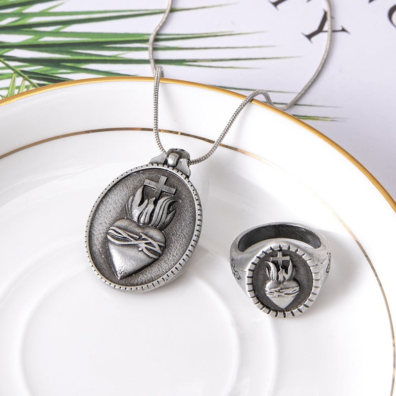 The Sacred Heart Set, Antique Silver-Tone Sacred Heart Necklace and Signet Ring, view 3