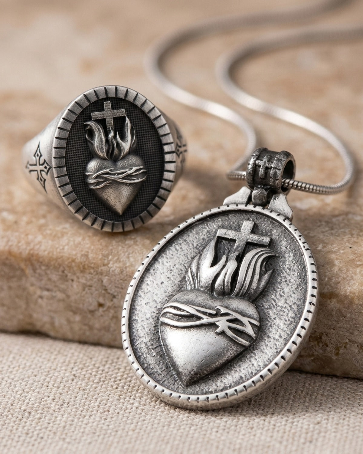 Close-up of the antique silver Sacred Heart Set [c:antique-silver]