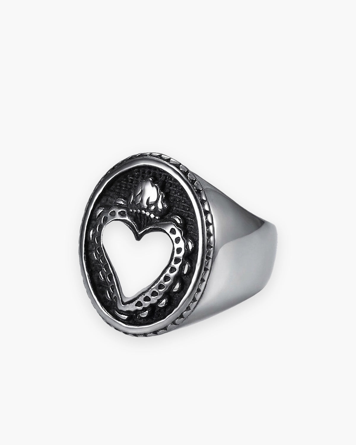 The Sacred Heart Signet in silver, Flaming Heart design, front view [c:flaming-heart-silver]