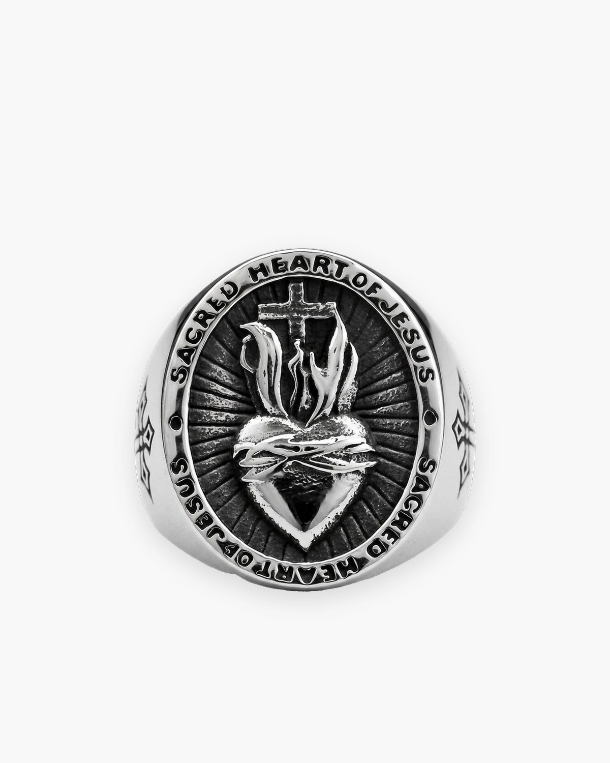 The Sacred Heart Signet in silver, Sacred Heart of Jesus design, front view [c:sacred-heart-of-jesus-silver]
