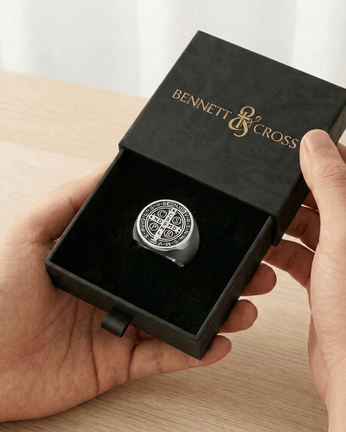 The Sacred Signet in its black Bennett & Cross gift box [c:silver]