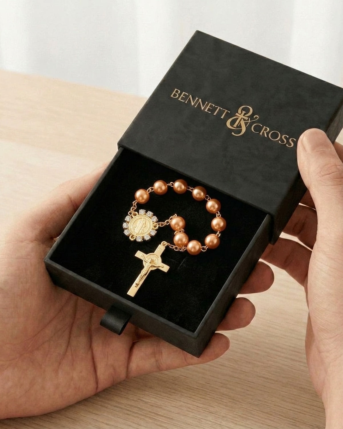 The Saint Benedict Decade in its black Bennett & Cross gift box