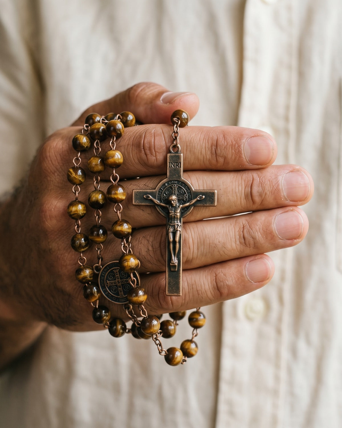 The Saint Benedict Rosary crucifix in the hand, true to size