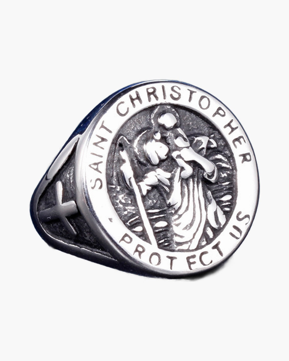 The Saint Christopher Signet, Stainless Steel Saint Christopher Protect Us Signet Ring, view 2