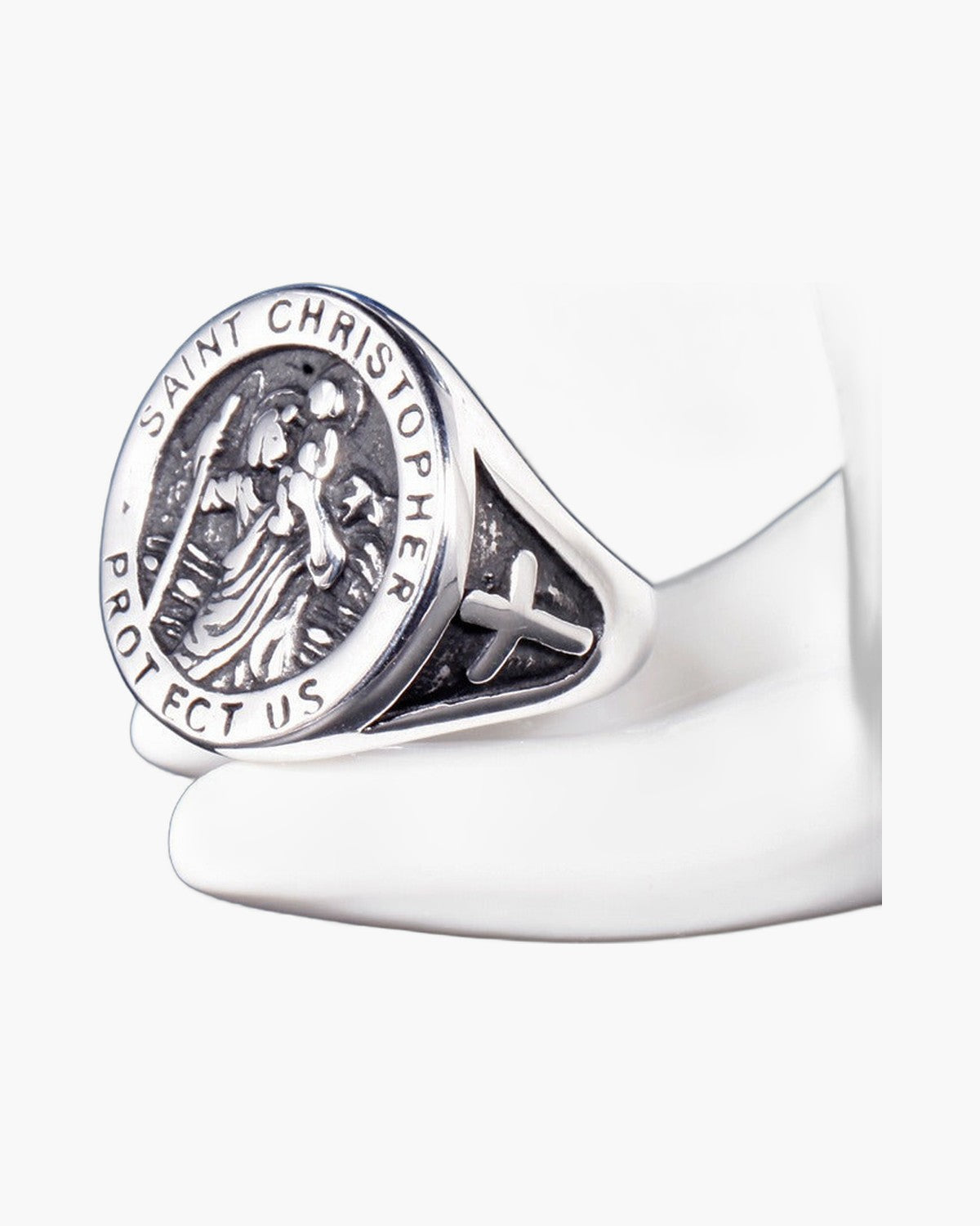 The Saint Christopher Signet, Stainless Steel Saint Christopher Protect Us Signet Ring, view 4