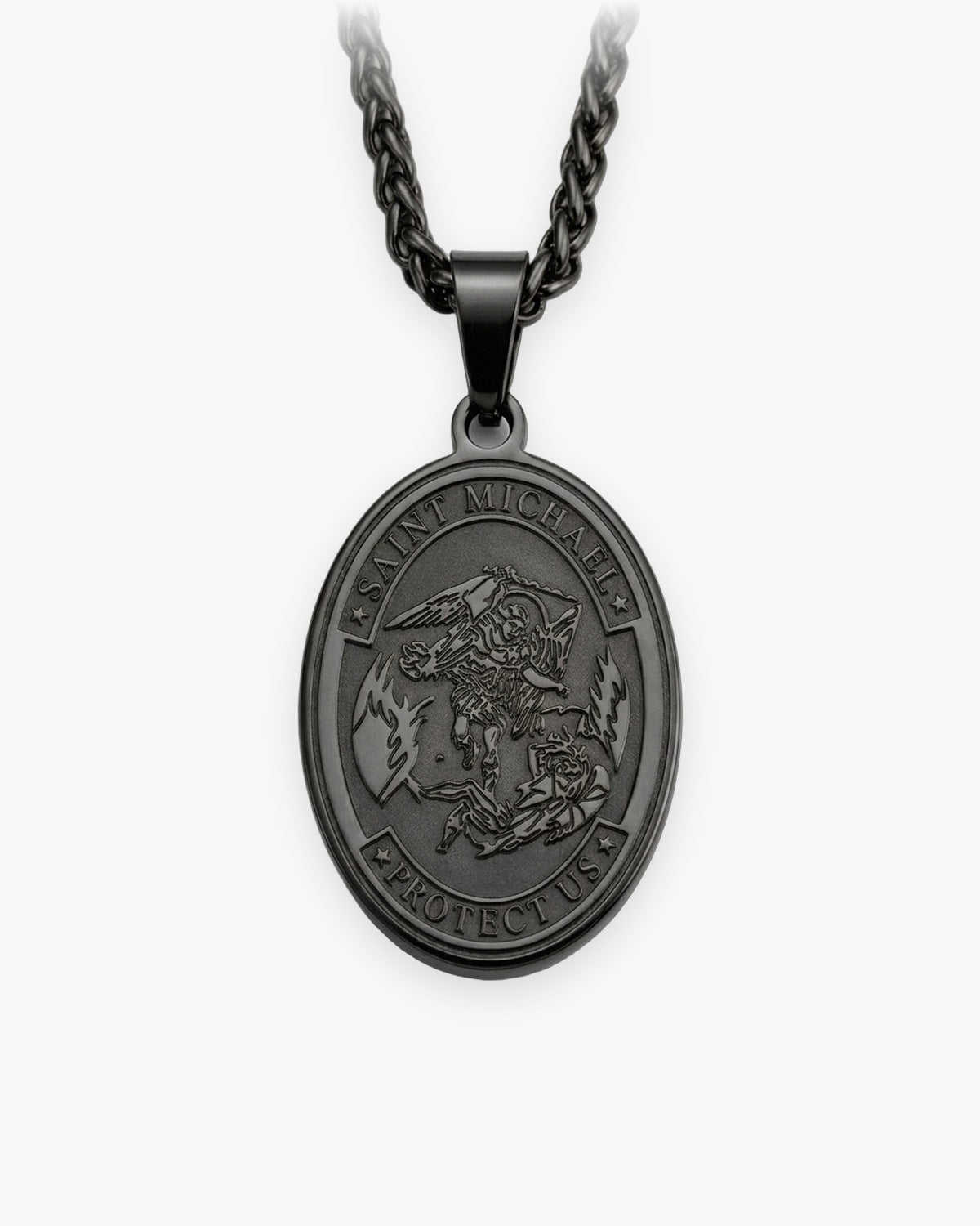 The Saint Michael Medal in black stainless steel, front view on a wheat chain