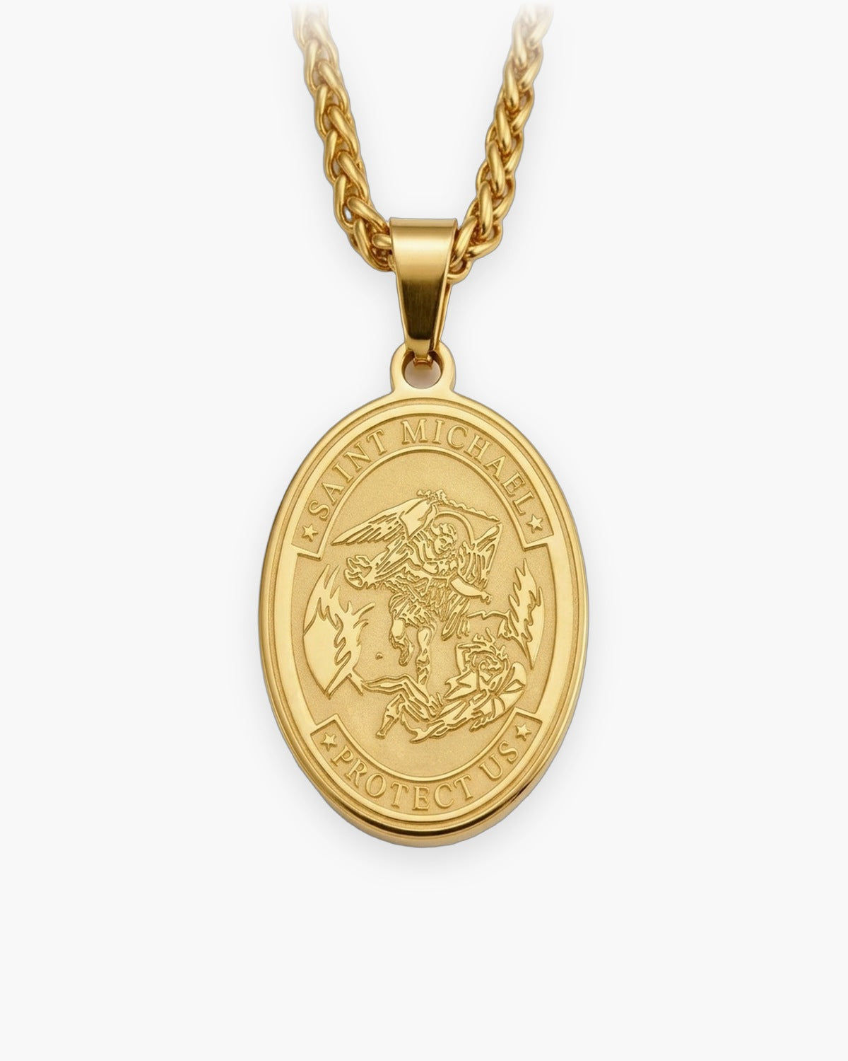 The Saint Michael Medal in gold stainless steel, front view on a wheat chain