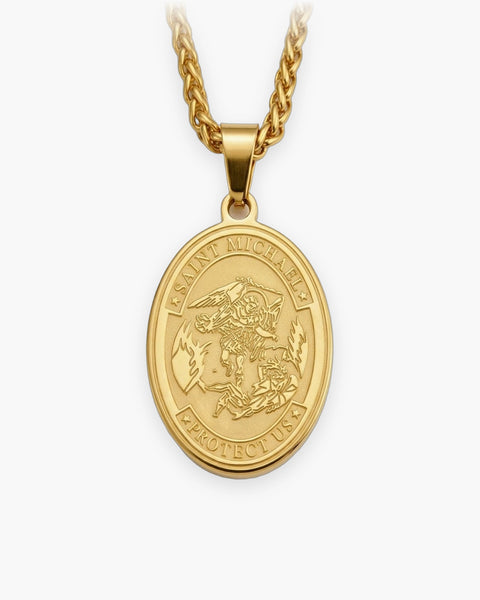 The Saint Michael Medal in gold stainless steel, front view on a wheat chain [c:gold]