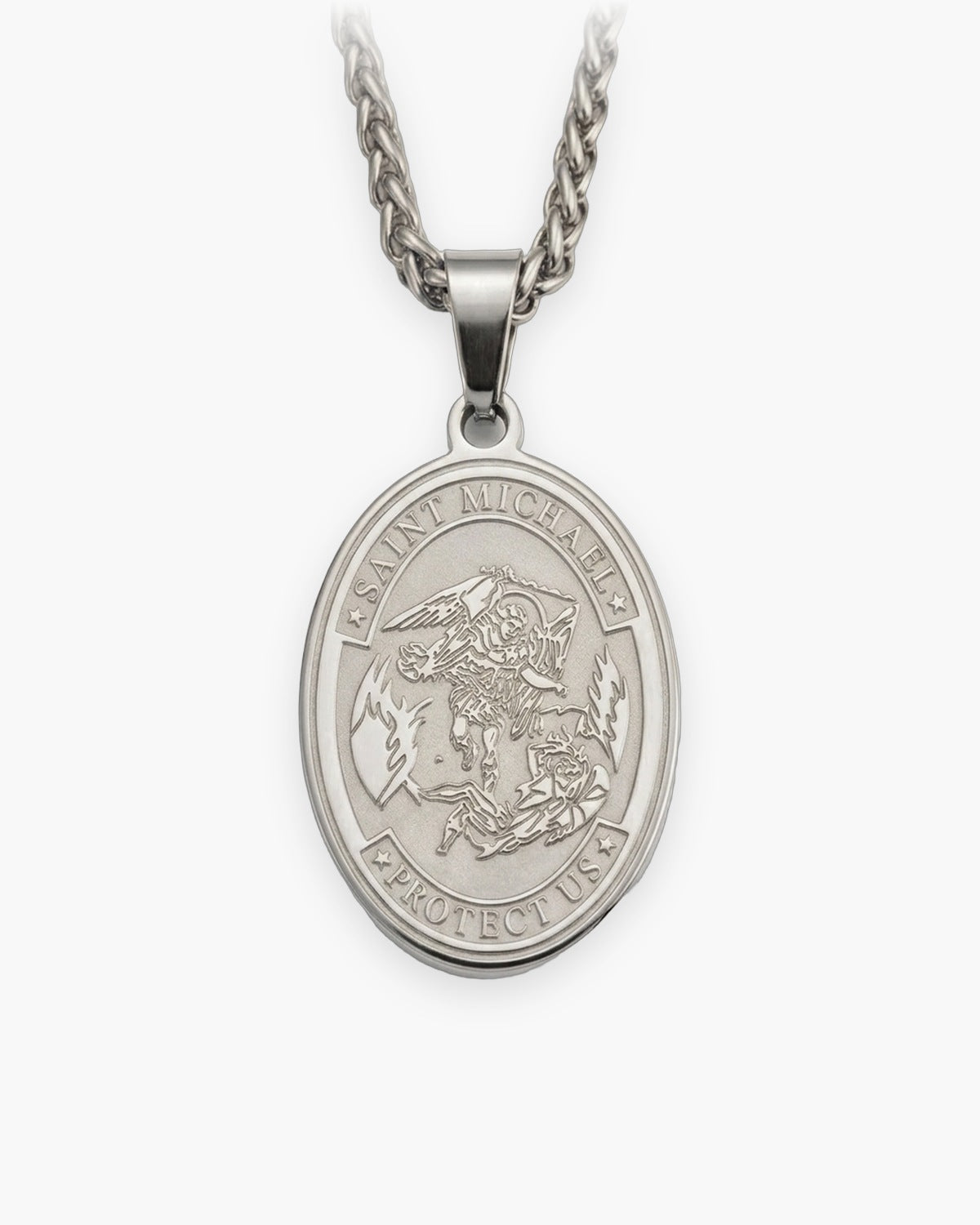 The Saint Michael Medal in silver stainless steel, front view on a wheat chain