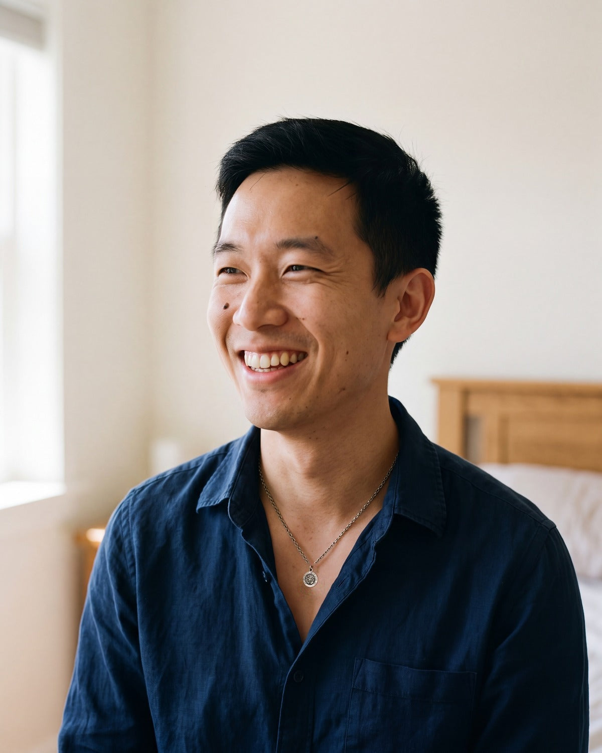 Smiling man wearing the antique silver Saint Michael Prayer [c:antique-silver]