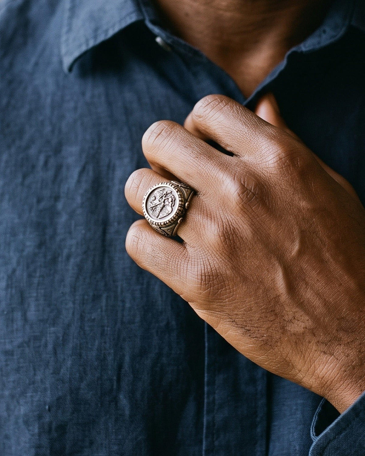 The antique silver Saint Michael Signet worn, second close-up, true to size [c:antique-silver]