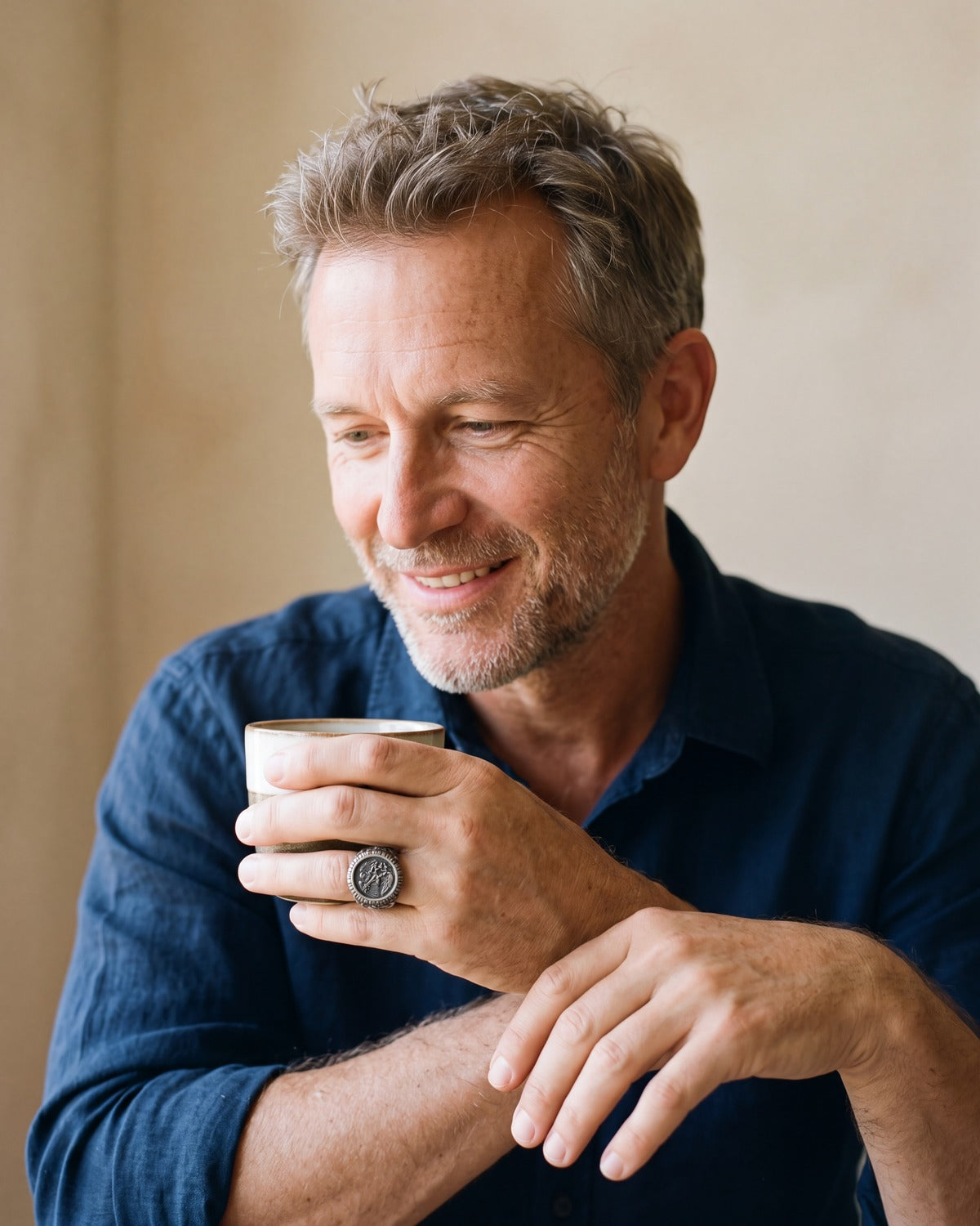 Smiling man wearing the antique silver Saint Michael Signet, true to size [c:antique-silver]