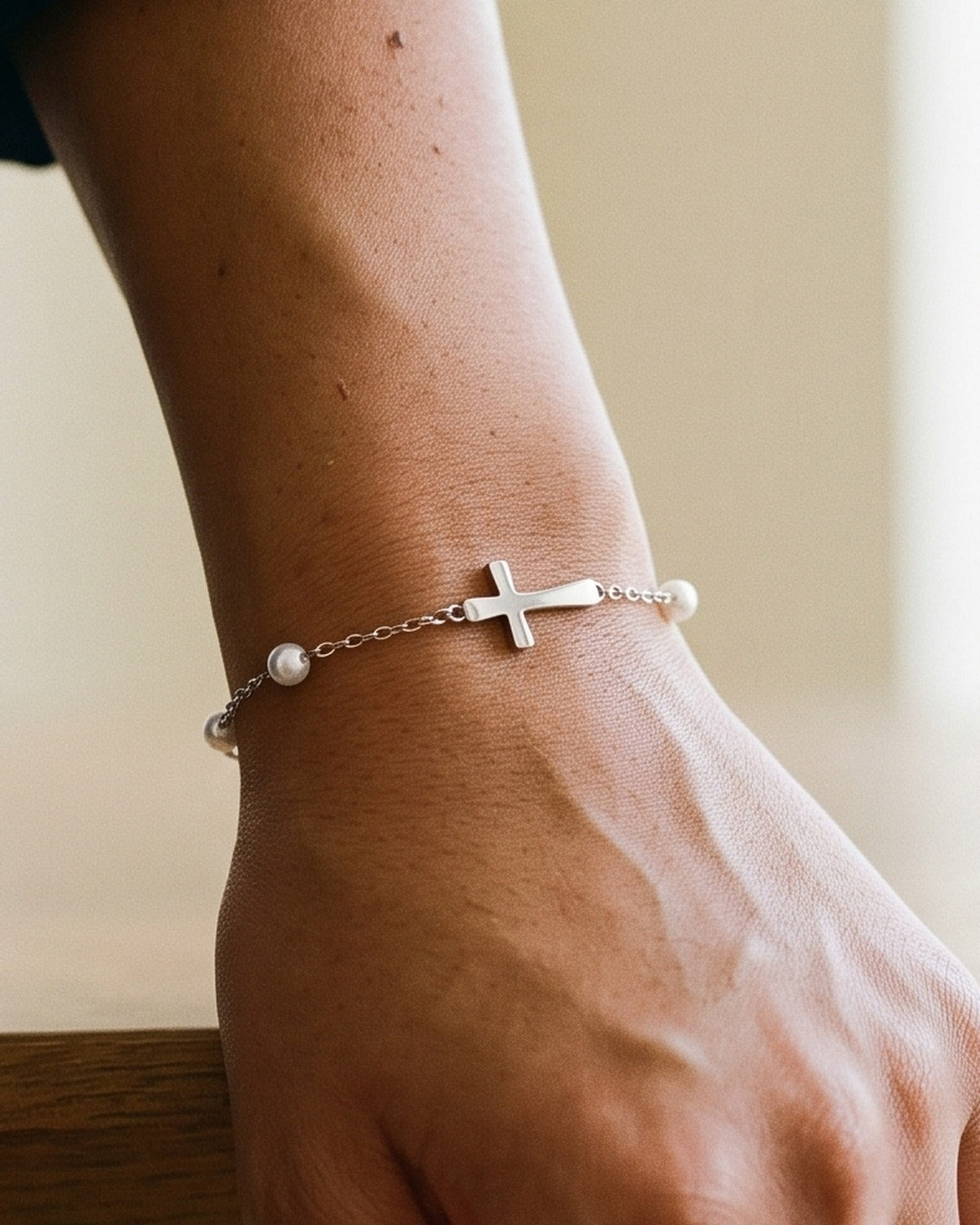The Serene Strand worn by a woman, close-up, true to size [c:silver-chain-pearl-strand]