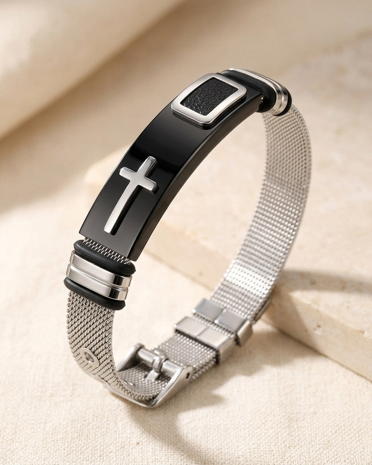 The Shadowed Cross black plate and silver mesh bracelet, 3/4 close-up [c:black-silver]