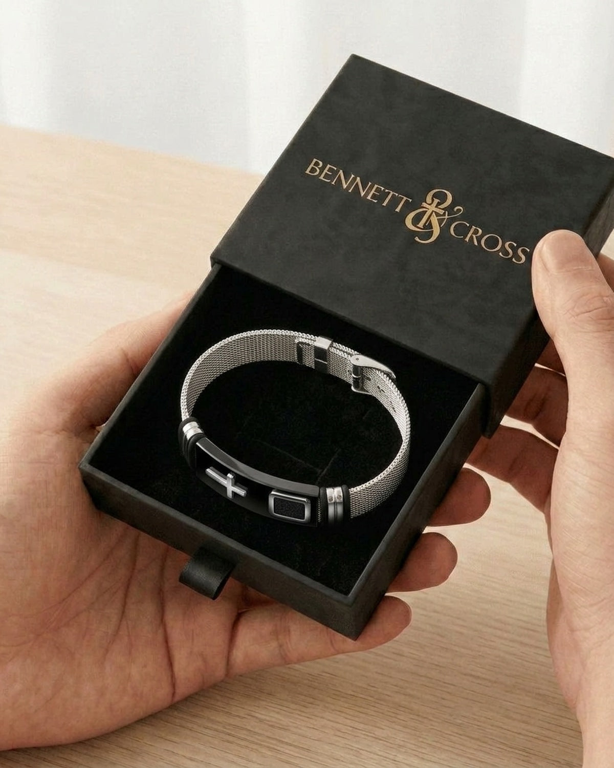 The Shadowed Cross bracelet in its Bennett & Cross gift box [c:black-silver]