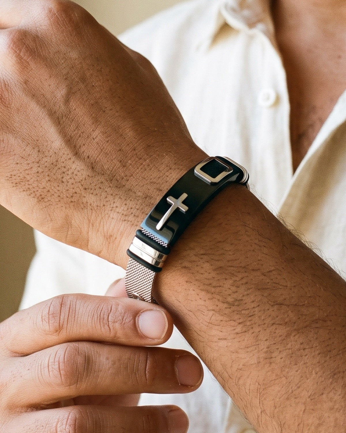 The Shadowed Cross black and silver mesh bracelet on a man's wrist, close-up, true to size [c:black-silver]