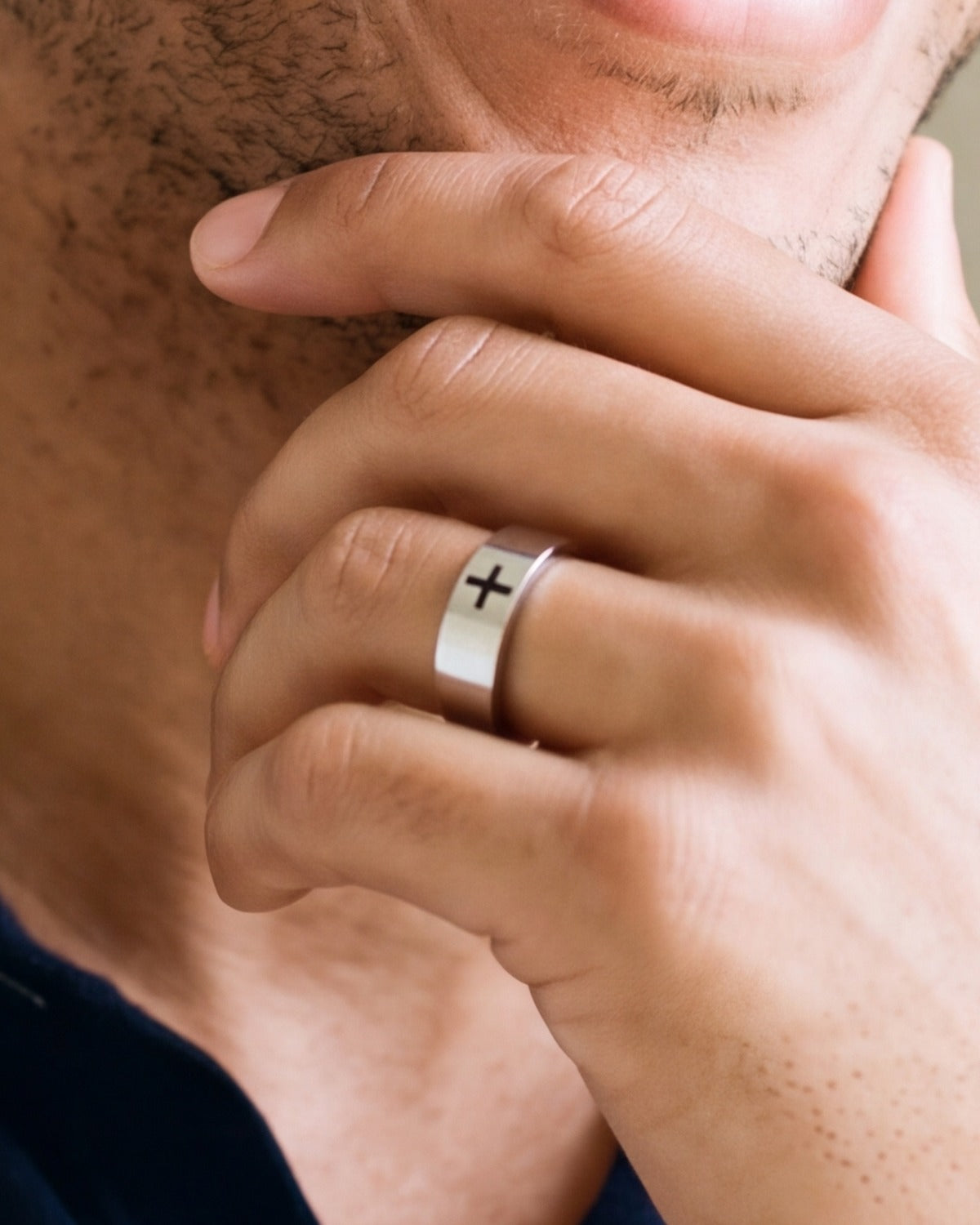 The Steadfast Band ring worn, second hand close-up, true to size