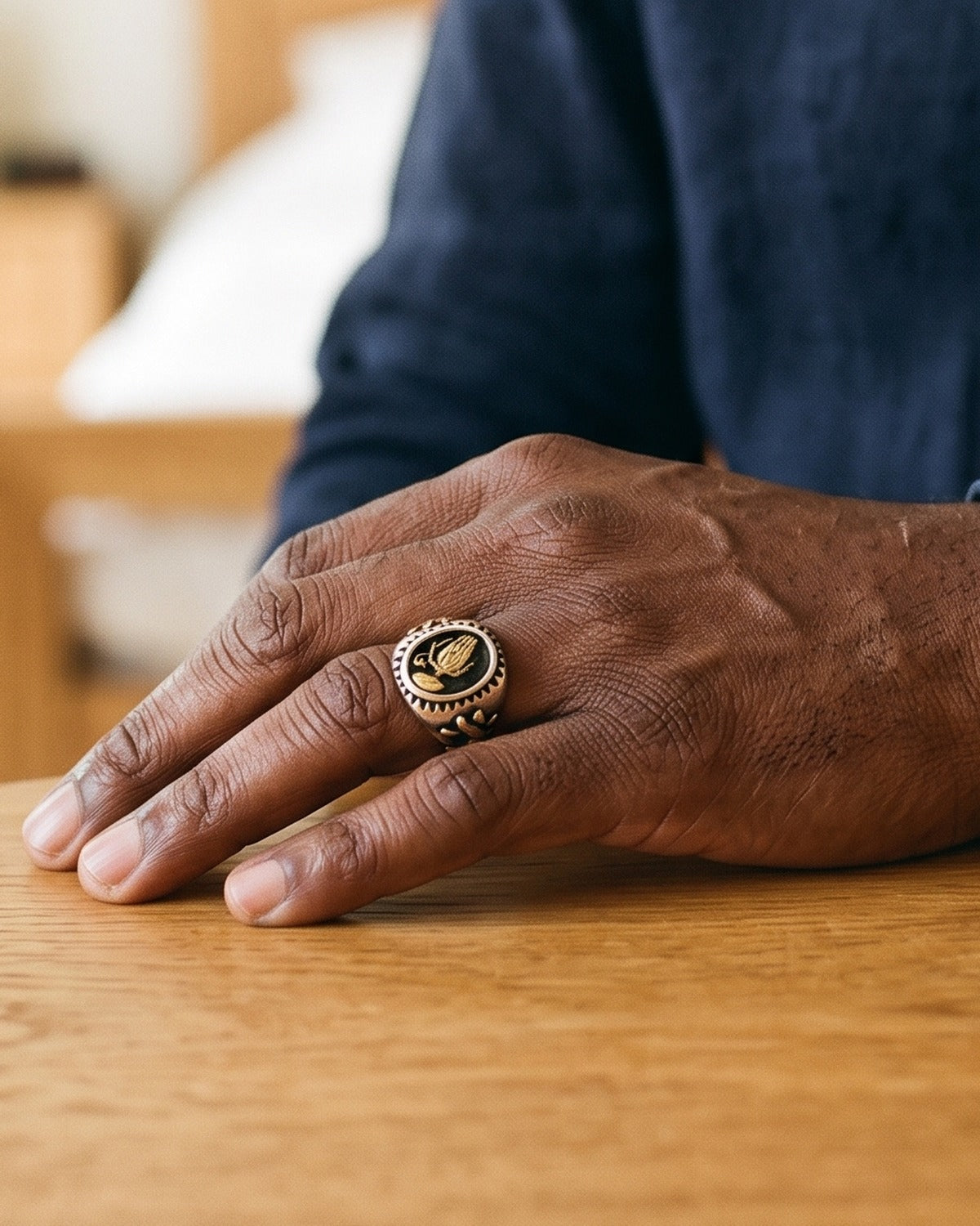 The two-tone Steadfast Prayer worn on a man's hand, true to size [c:two-tone]