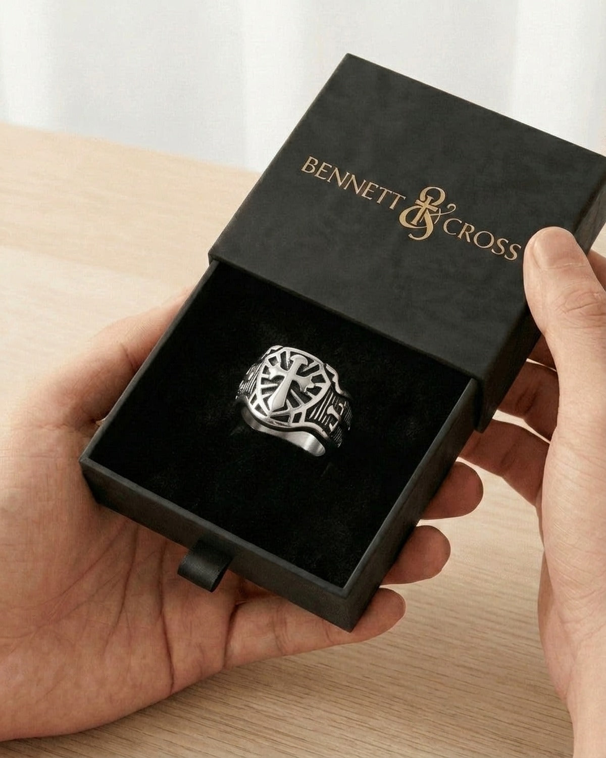 The Steadfast Shield in its black Bennett & Cross gift box