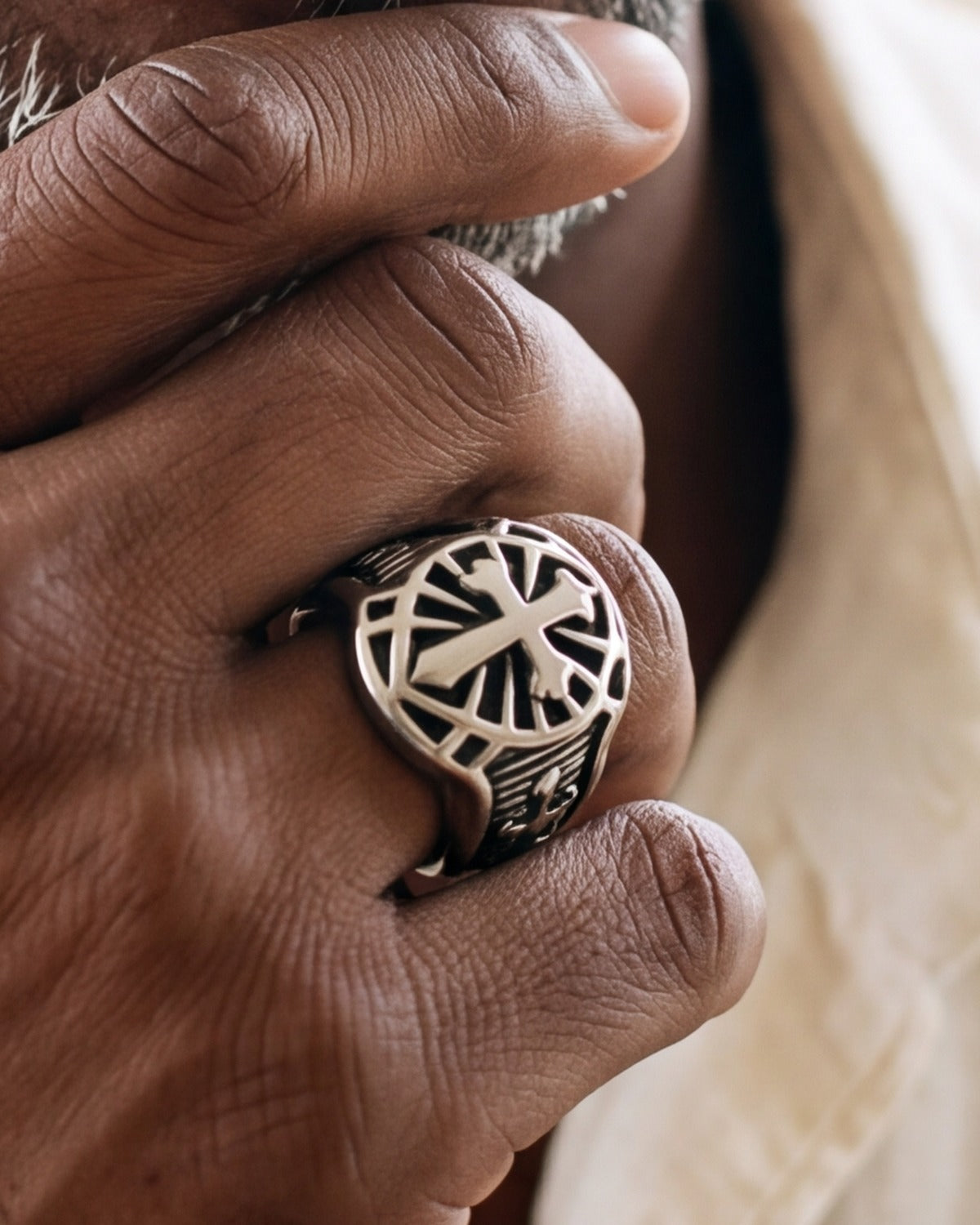 The Steadfast Shield signet ring worn, second hand close-up, true to size