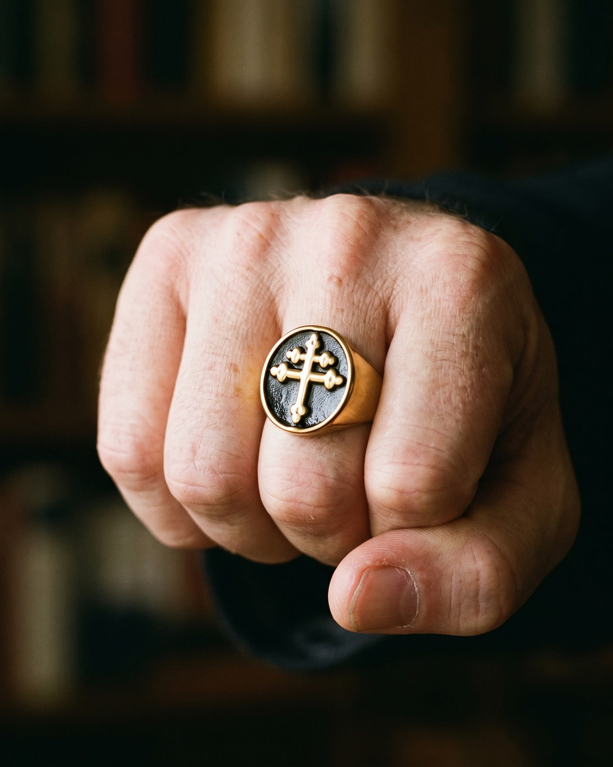 Close-up of the Steadfast Signet as worn, true to size