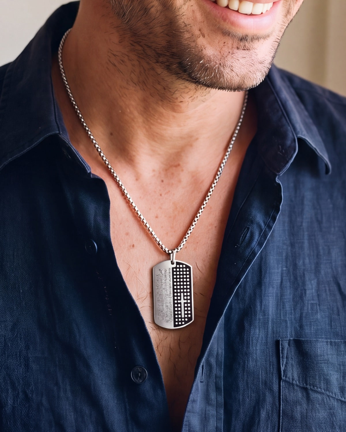 The Steadfast Word dog tag worn, second close-up, true to size [c:silver]