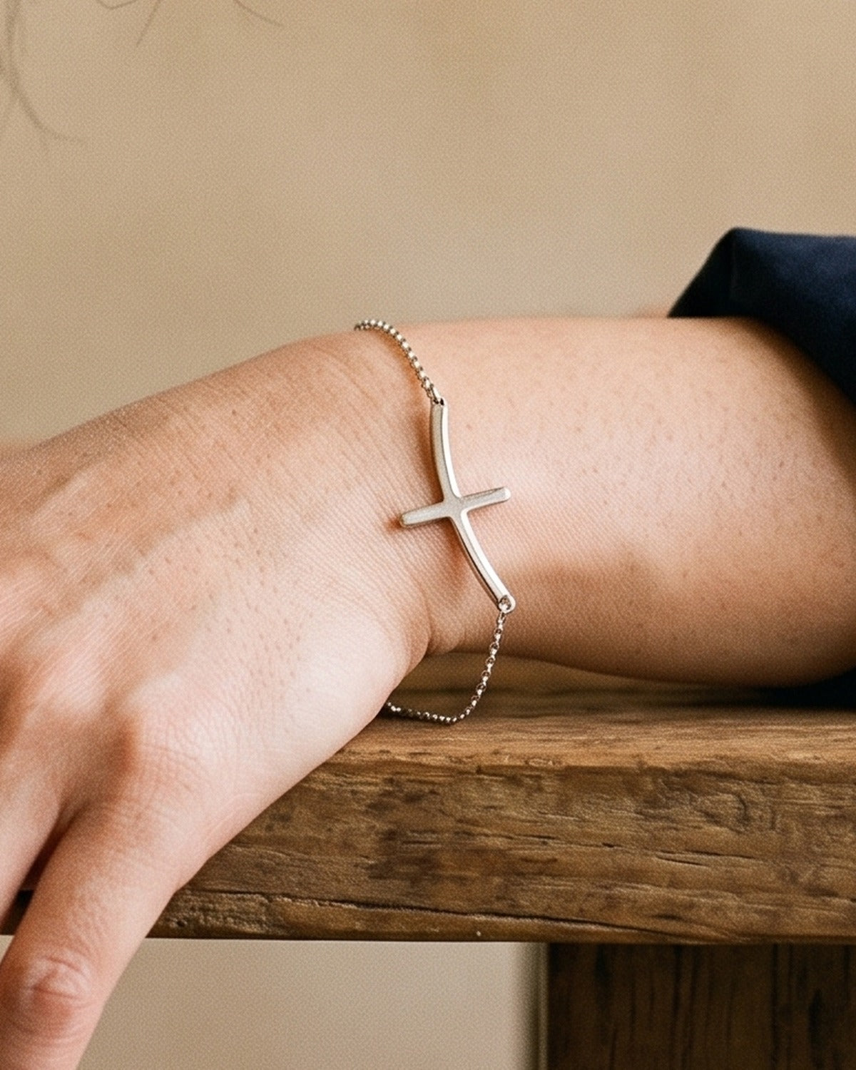 The silver Subtle Cross worn, close-up, true to size [c:silver]