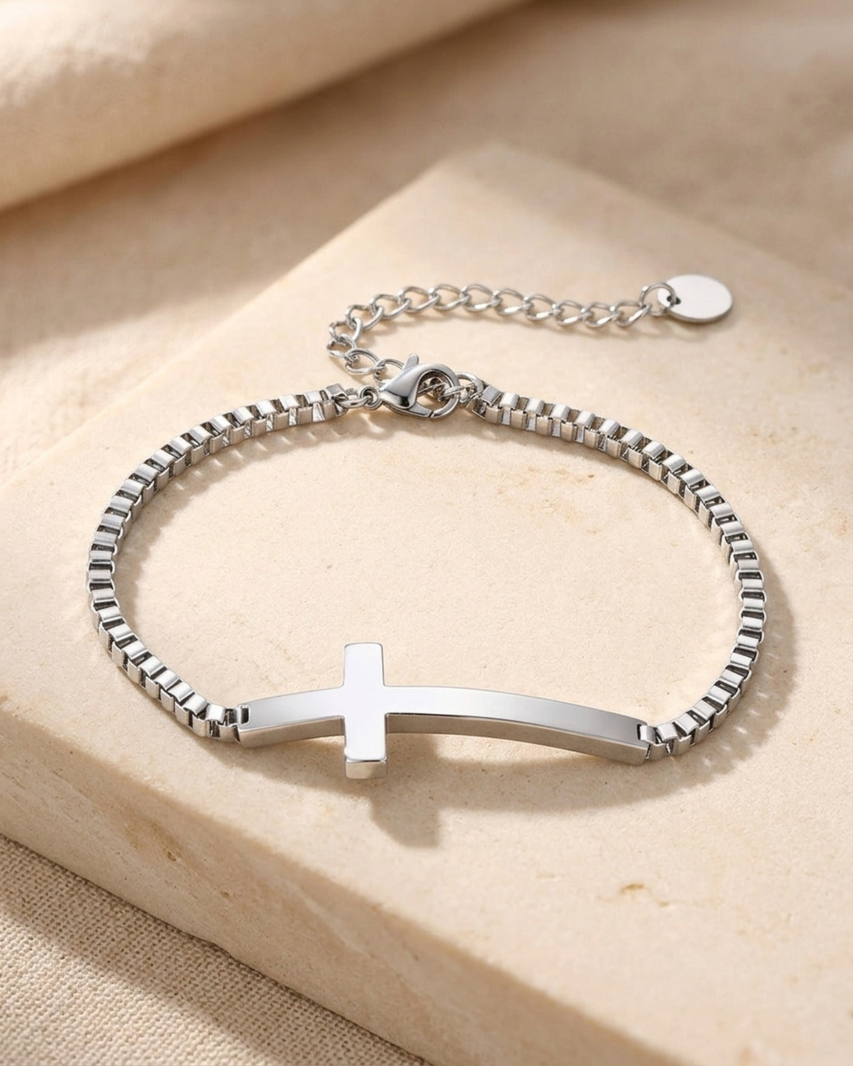 The Subtle Journey bracelet held in the hand, true to size [c:silver]