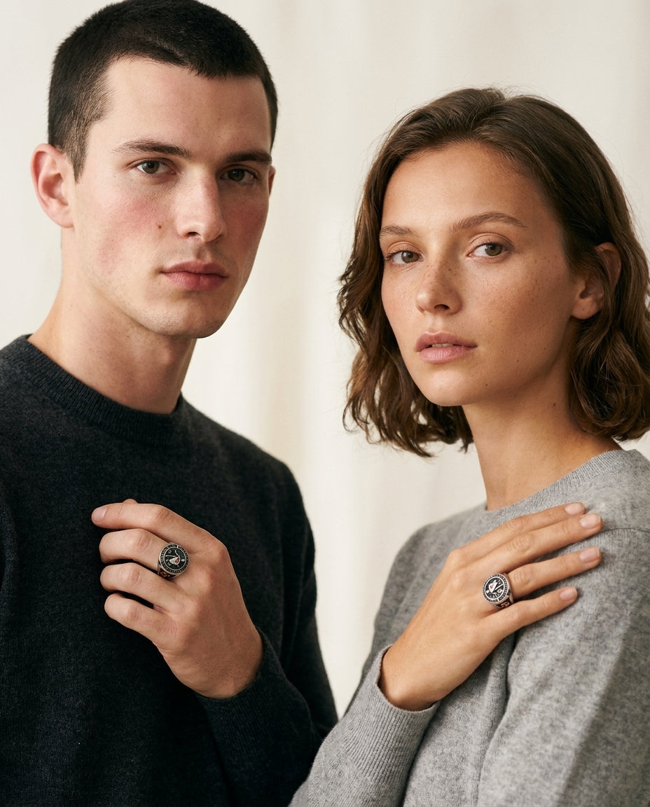 The Templar's Resolve - worn by model - unisex ring by Bennett & Cross