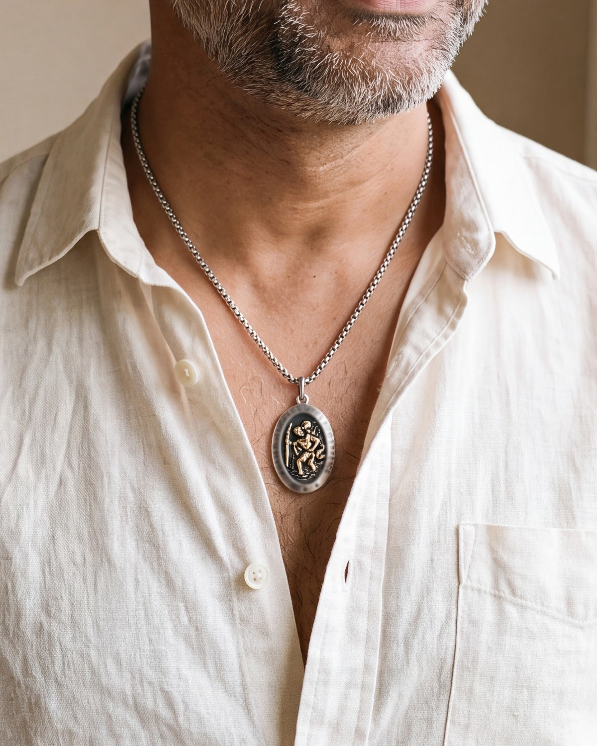 The Voyager's Protector medal worn on the chest, close-up, true to size