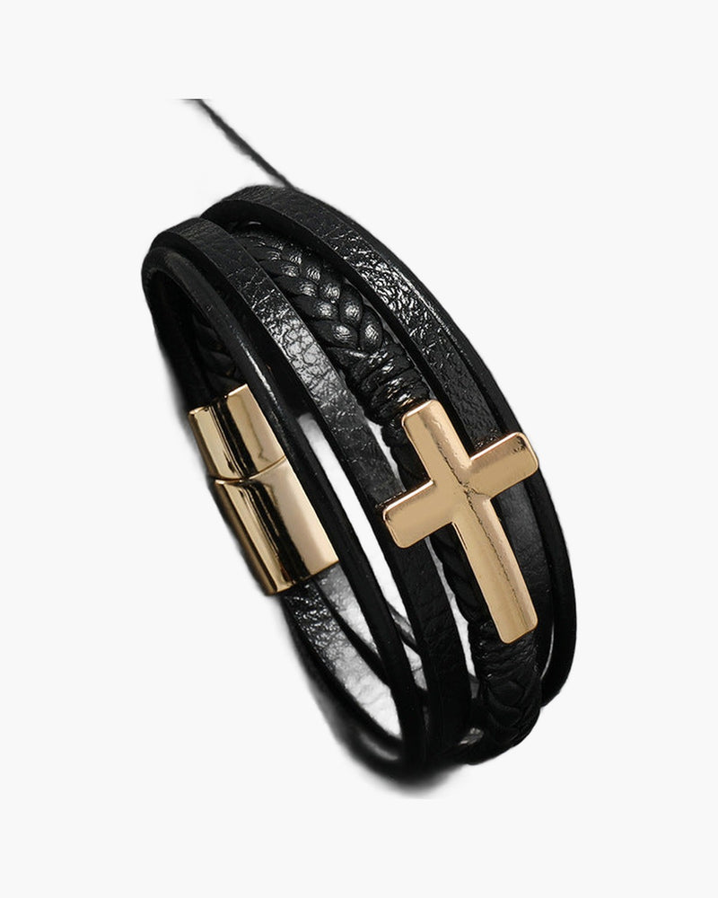 The Woven Faith Men's Cross Leather Bracelet view 2