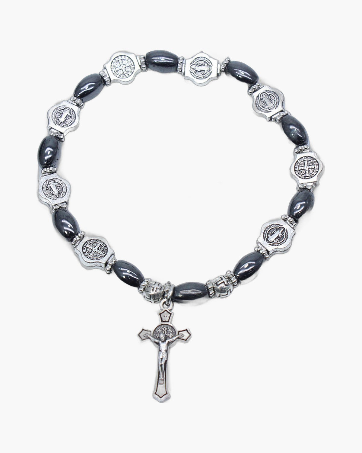 The Wrist Decade, Stretch Rosary Bracelet with Saint Benedict Crucifix and Holy Medals