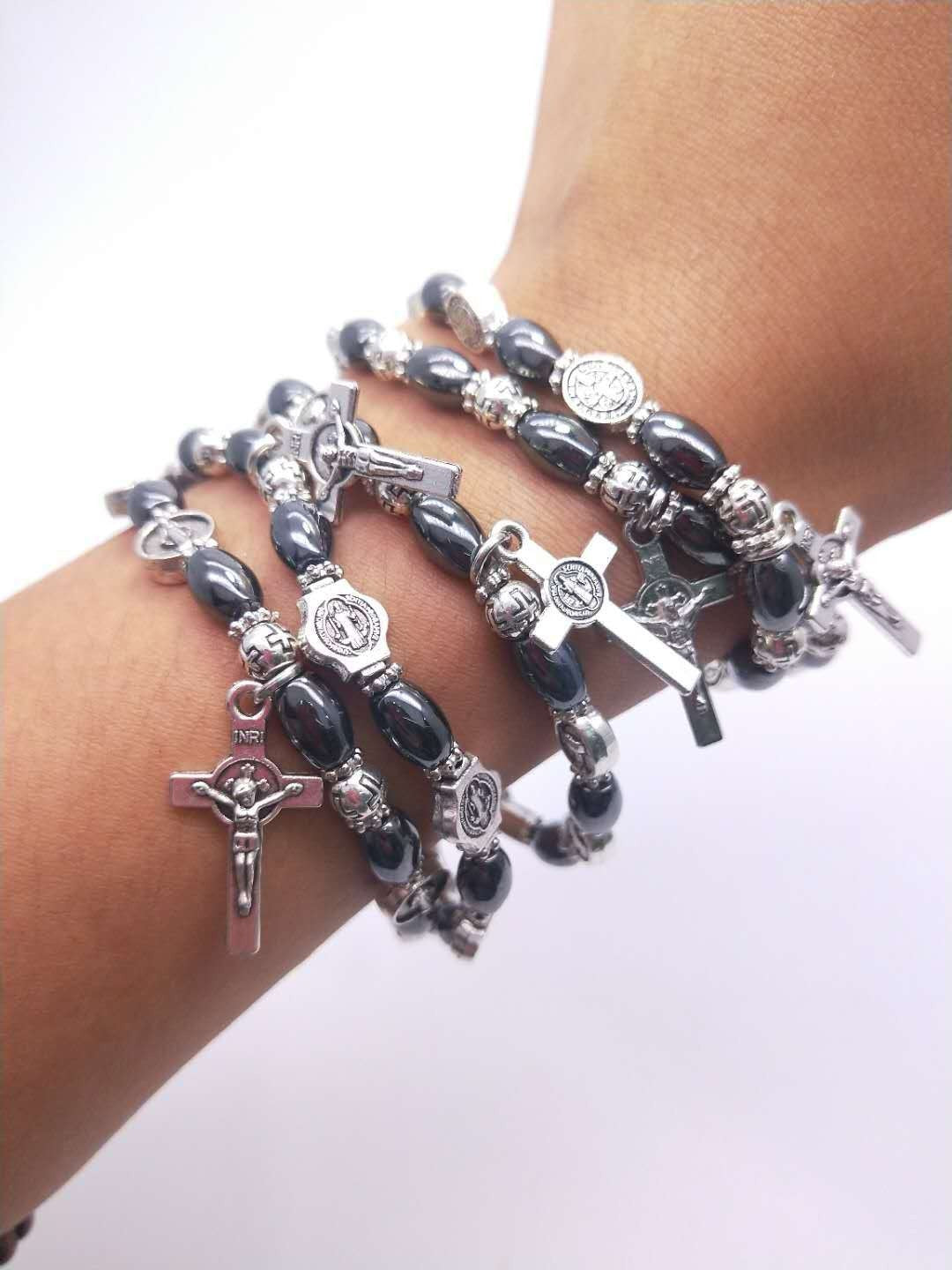 The Wrist Decade, Stretch Rosary Bracelet with Saint Benedict Crucifix and Holy Medals, view 6